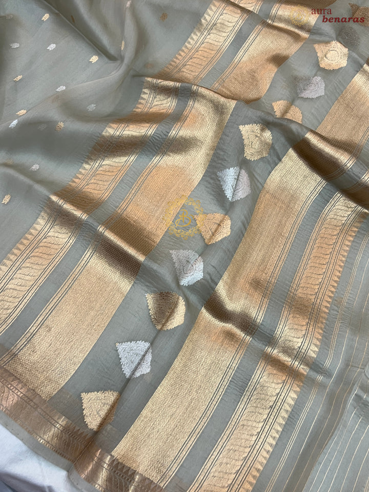 Light Grey Pure Kora Silk Handloom Banarasi Saree