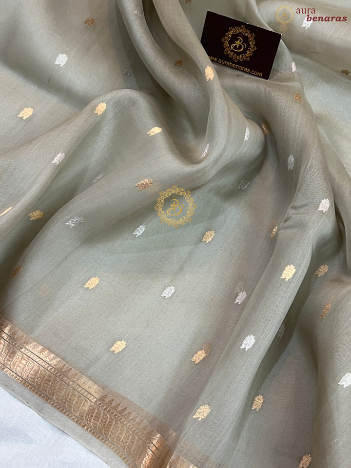 Light Grey Pure Kora Silk Handloom Banarasi Saree