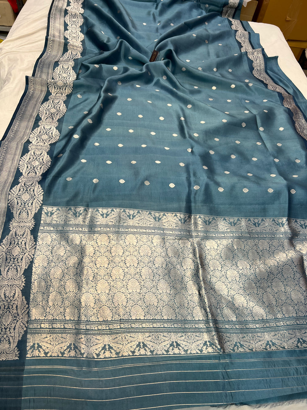 Steel Blue Pure Silk Banarasi Saree with Kadhwa Buti 