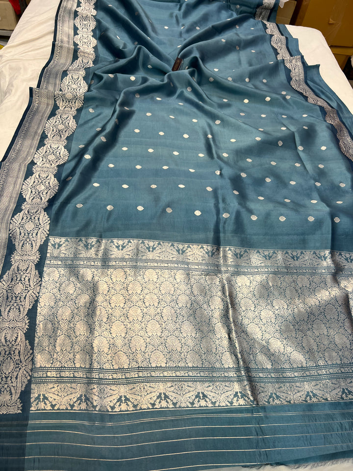 Steel Blue Pure Silk Banarasi Saree with Kadhwa Buti 