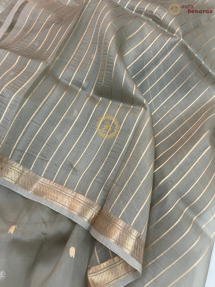 Light Grey Pure Kora Silk Handloom Banarasi Saree