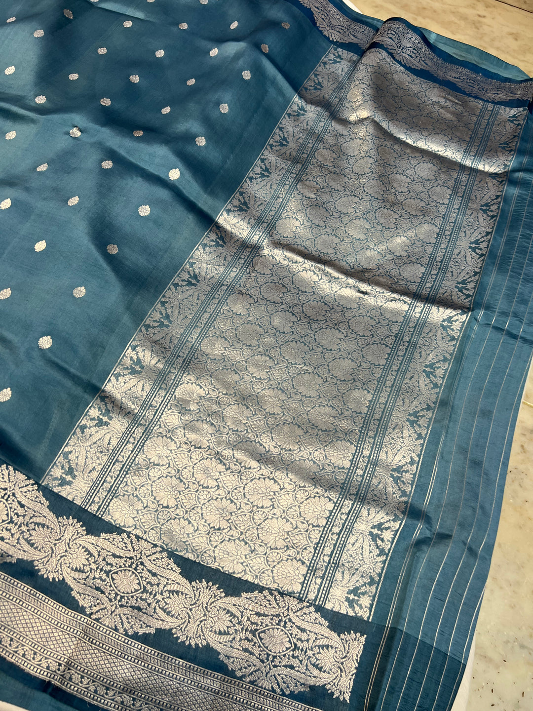Steel Blue Pure Silk Banarasi Saree with Kadhwa Buti 