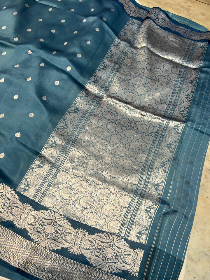 Steel Blue Pure Silk Banarasi Saree with Kadhwa Buti 