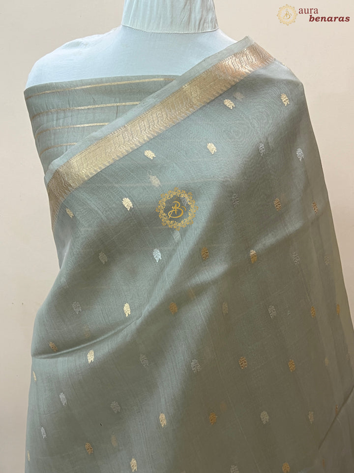 Light Grey Pure Kora Silk Handloom Banarasi Saree