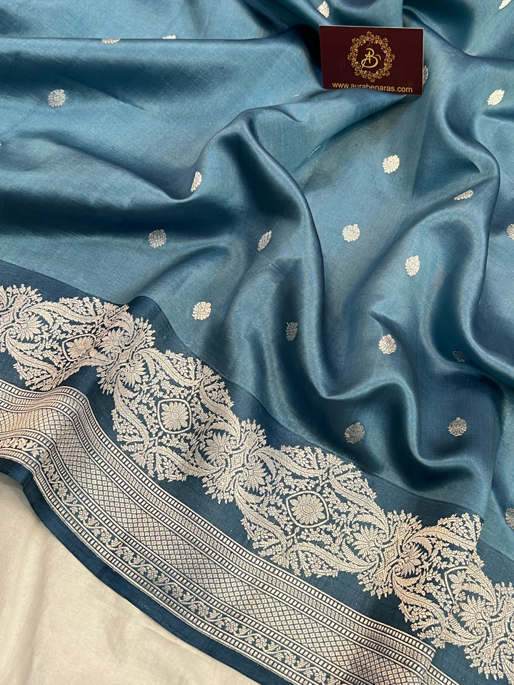 Steel Blue Pure Silk Banarasi Saree with Kadhwa Buti 