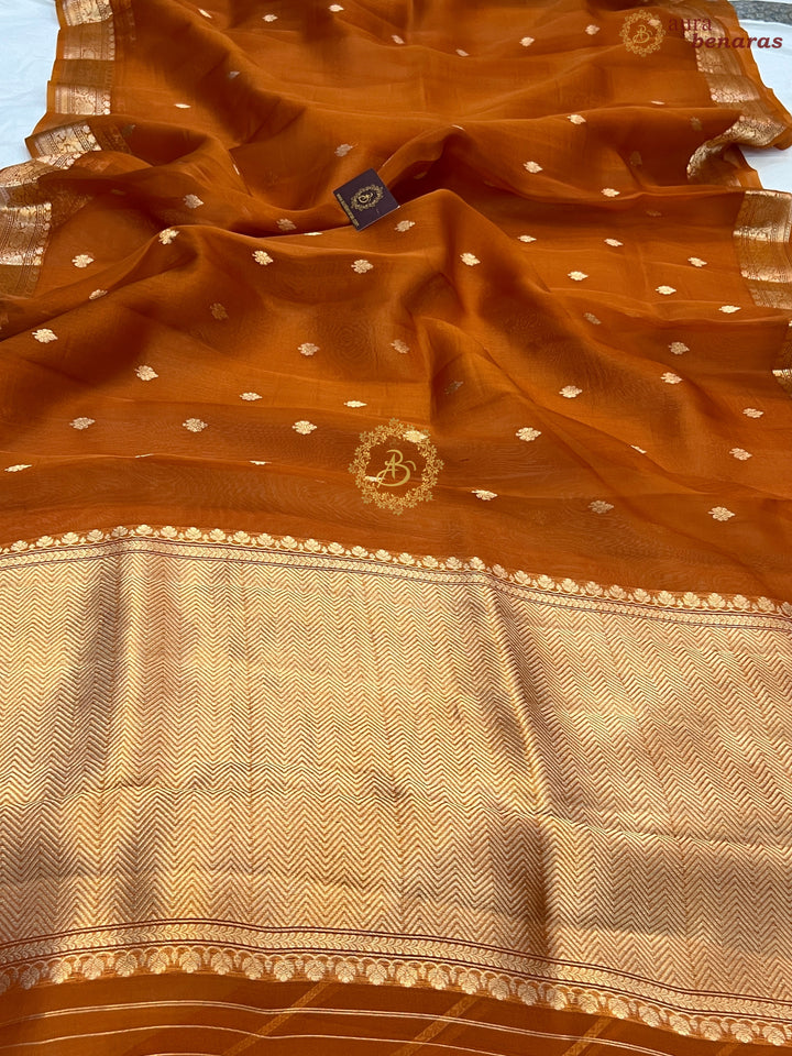 Earthy Orange Pure Kora Silk Handloom Banarasi Saree