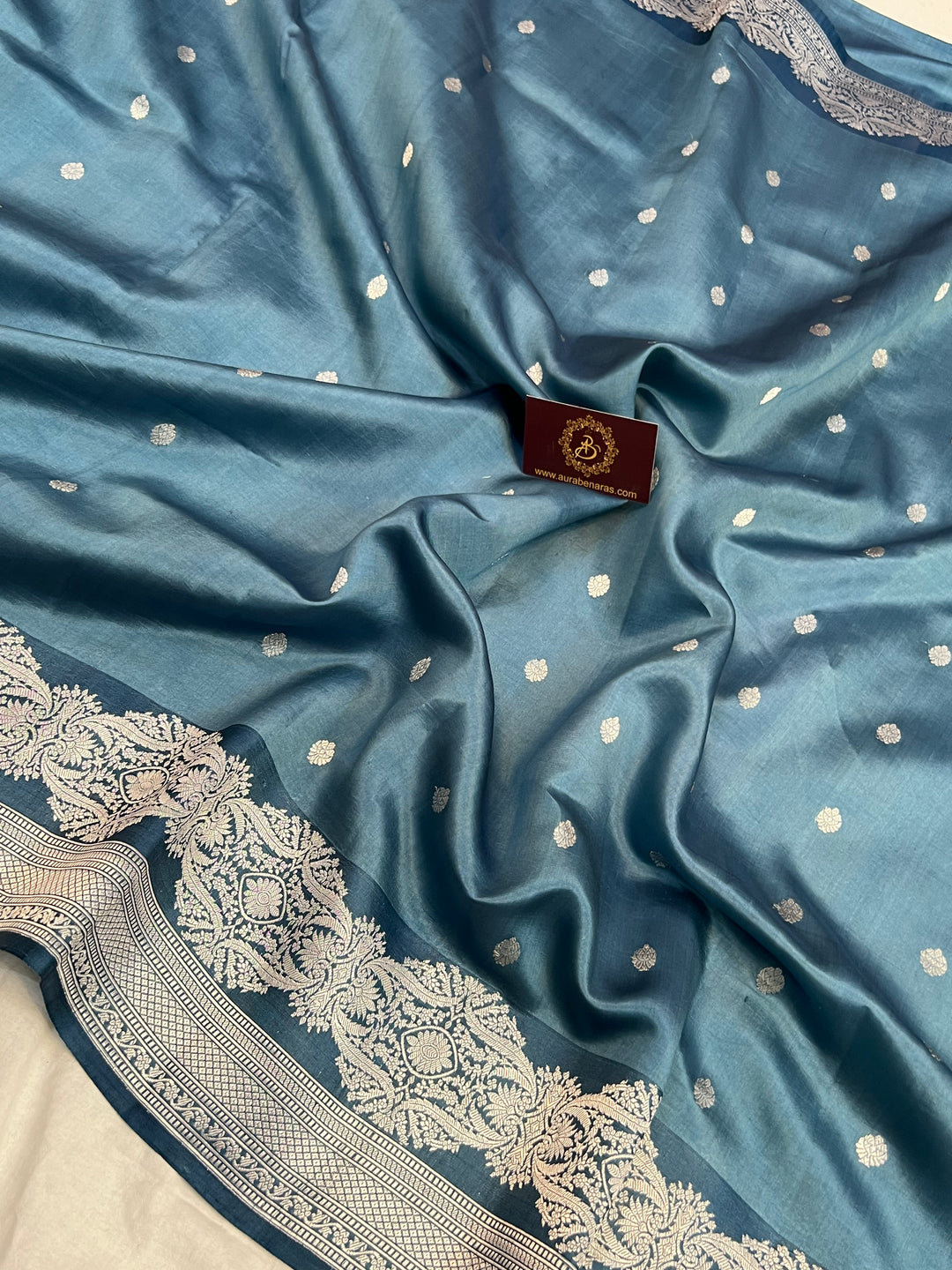 Steel Blue Pure Silk Banarasi Saree with Kadhwa Buti 