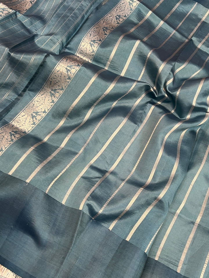 Steel Blue Pure Silk Banarasi Saree with Kadhwa Buti 