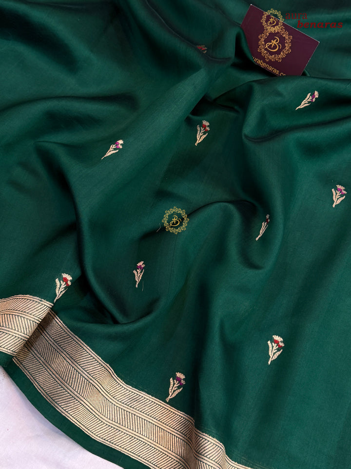 Bottle Green Pure Silk Handloom Banarasi Saree - AuraBenaras