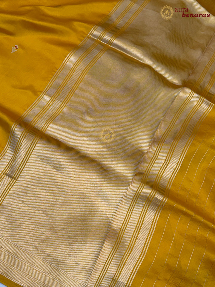 Yellow Pure Silk Handloom Banarasi Saree - AuraBenaras