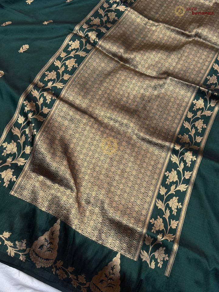Bottle Green Pure Katan Silk Handloom Banarasi Saree