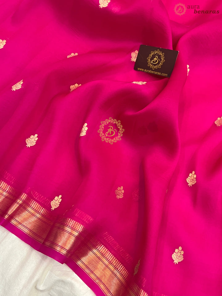 Rani Pink Pure Kora Silk Handloom Banarasi Saree