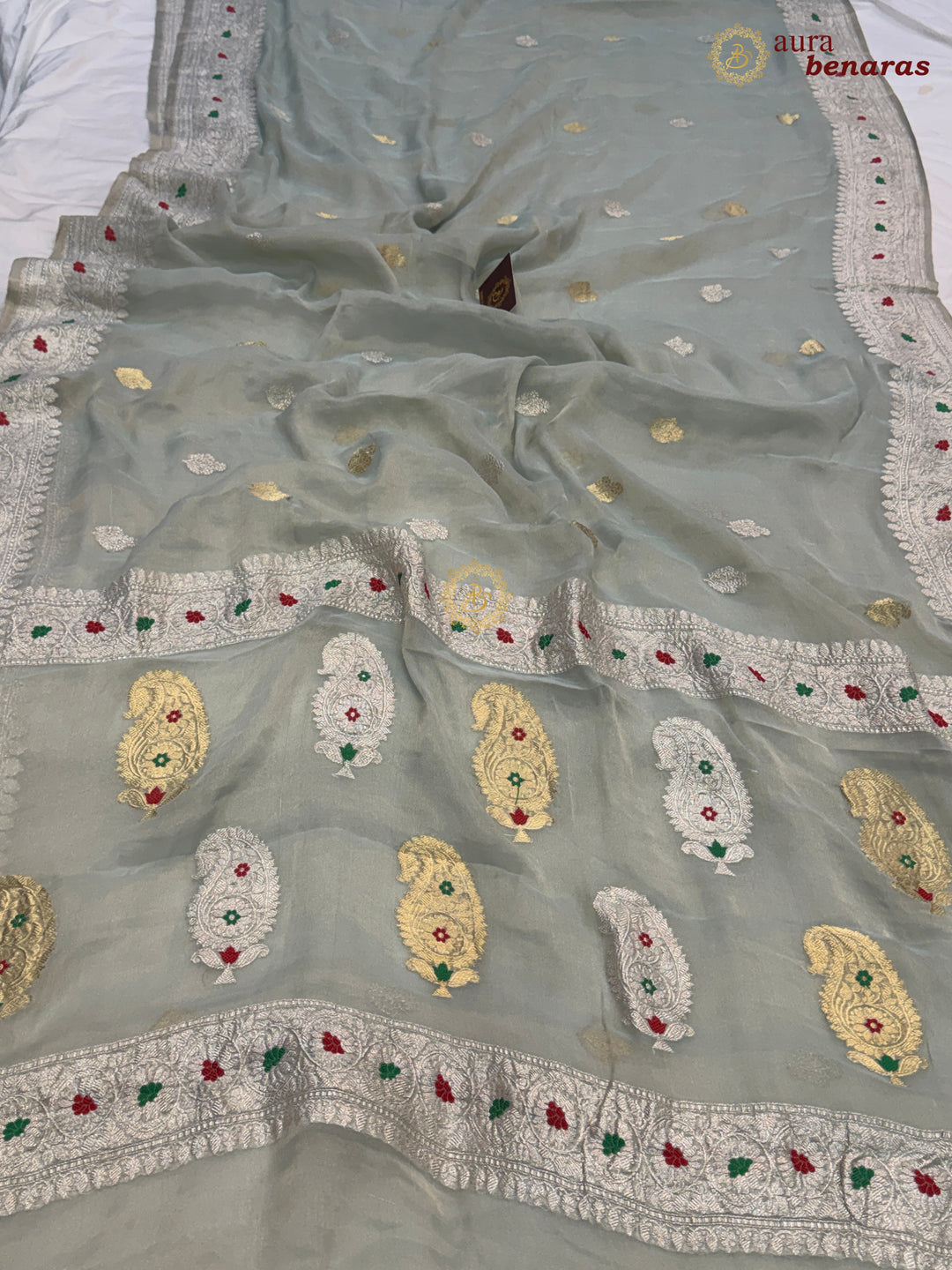 Mint Green Chiffon Tissue Silk Banarasi Saree with Sona Rupa