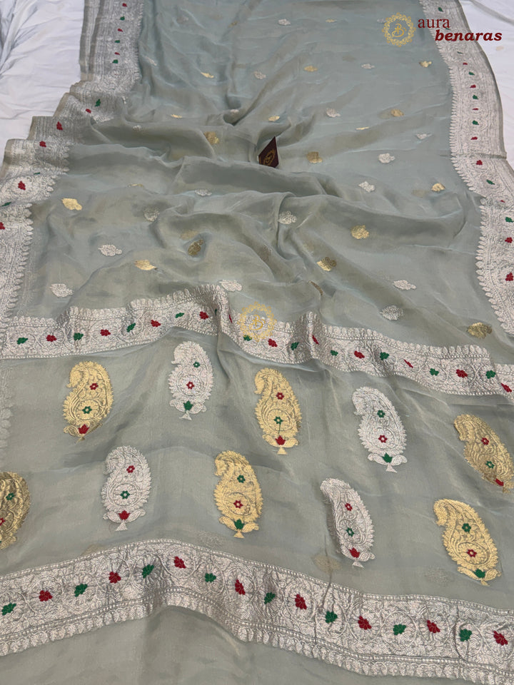 Mint Green Chiffon Tissue Silk Banarasi Saree with Sona Rupa
