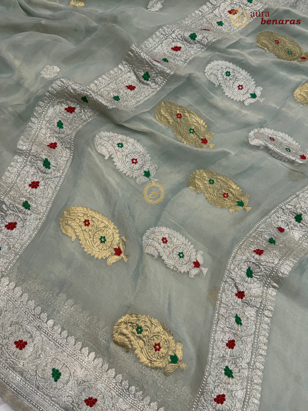 Mint Green Chiffon Tissue Silk Banarasi Saree with Sona Rupa