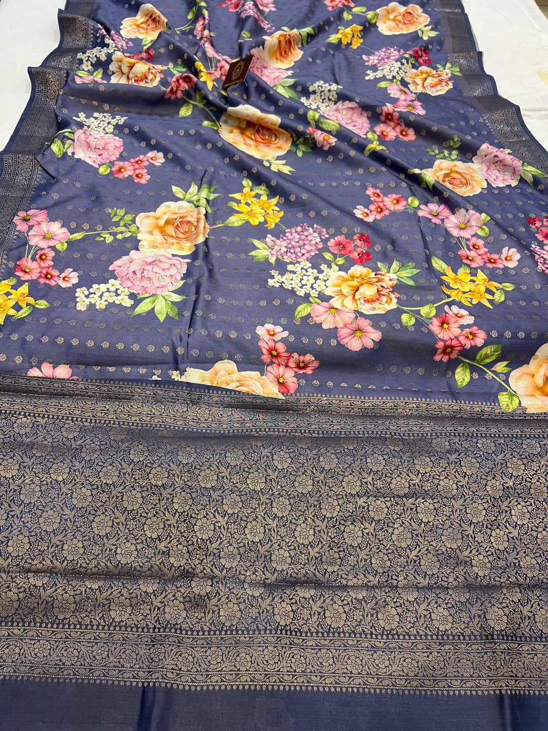 Greyish Blue Banarasi Handloom Chiniya Silk Saree - Aura Benaras