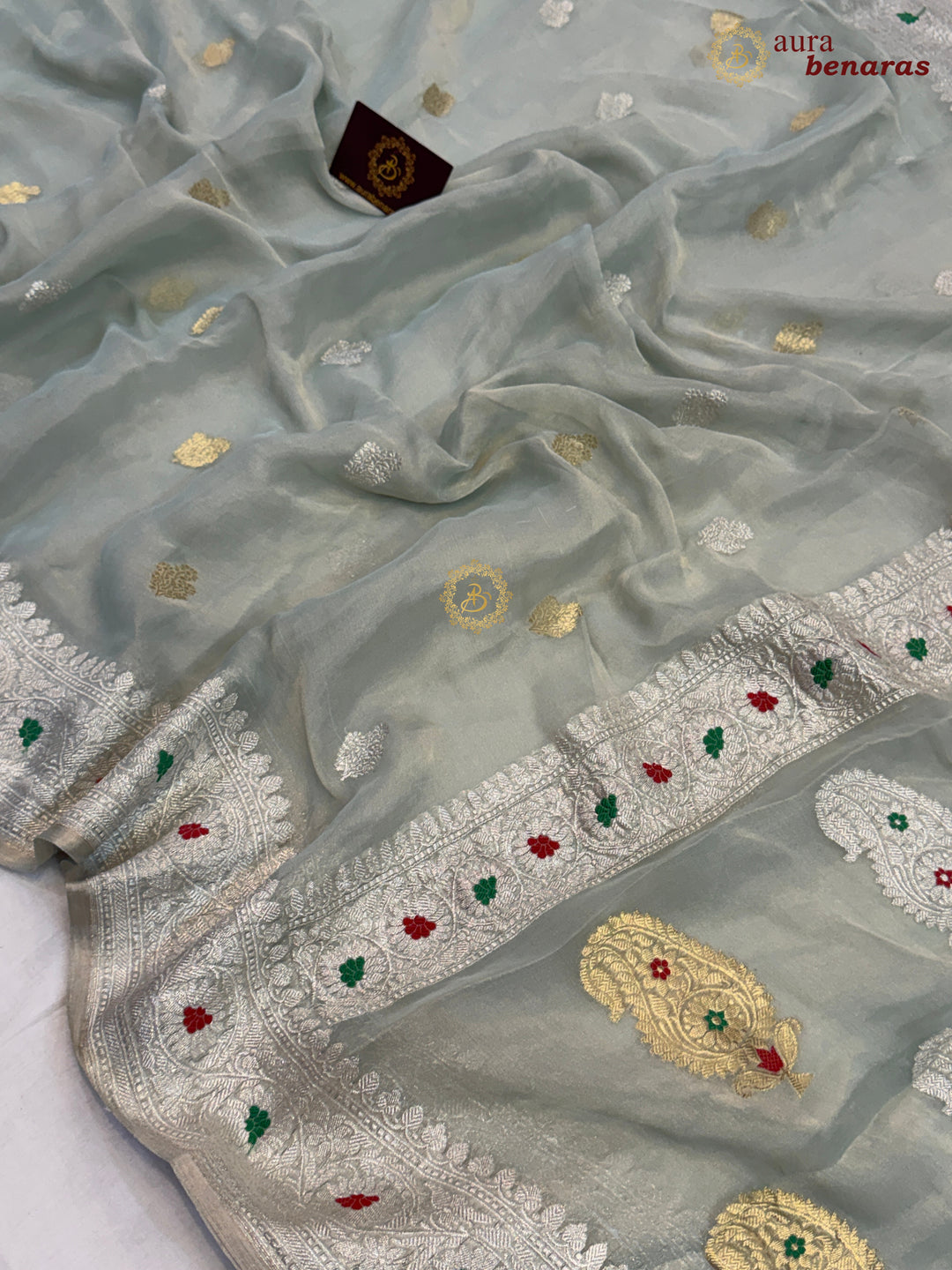 Mint Green Chiffon Tissue Silk Banarasi Saree with Sona Rupa