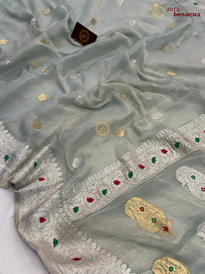 Mint Green Chiffon Tissue Silk Banarasi Saree with Sona Rupa