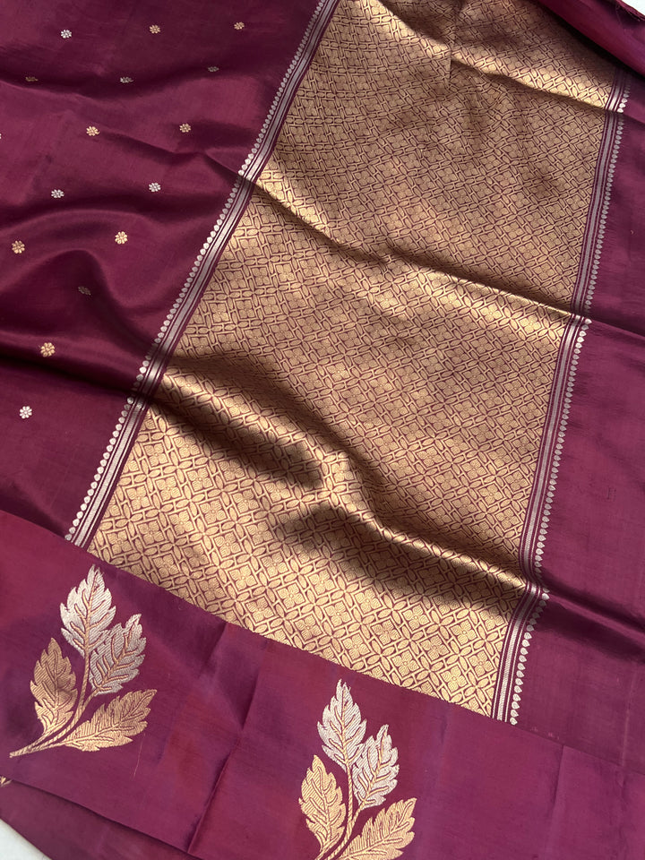 Wine Pure Silk Banarasi Saree – Kadhwa Motifs & Mashru Border