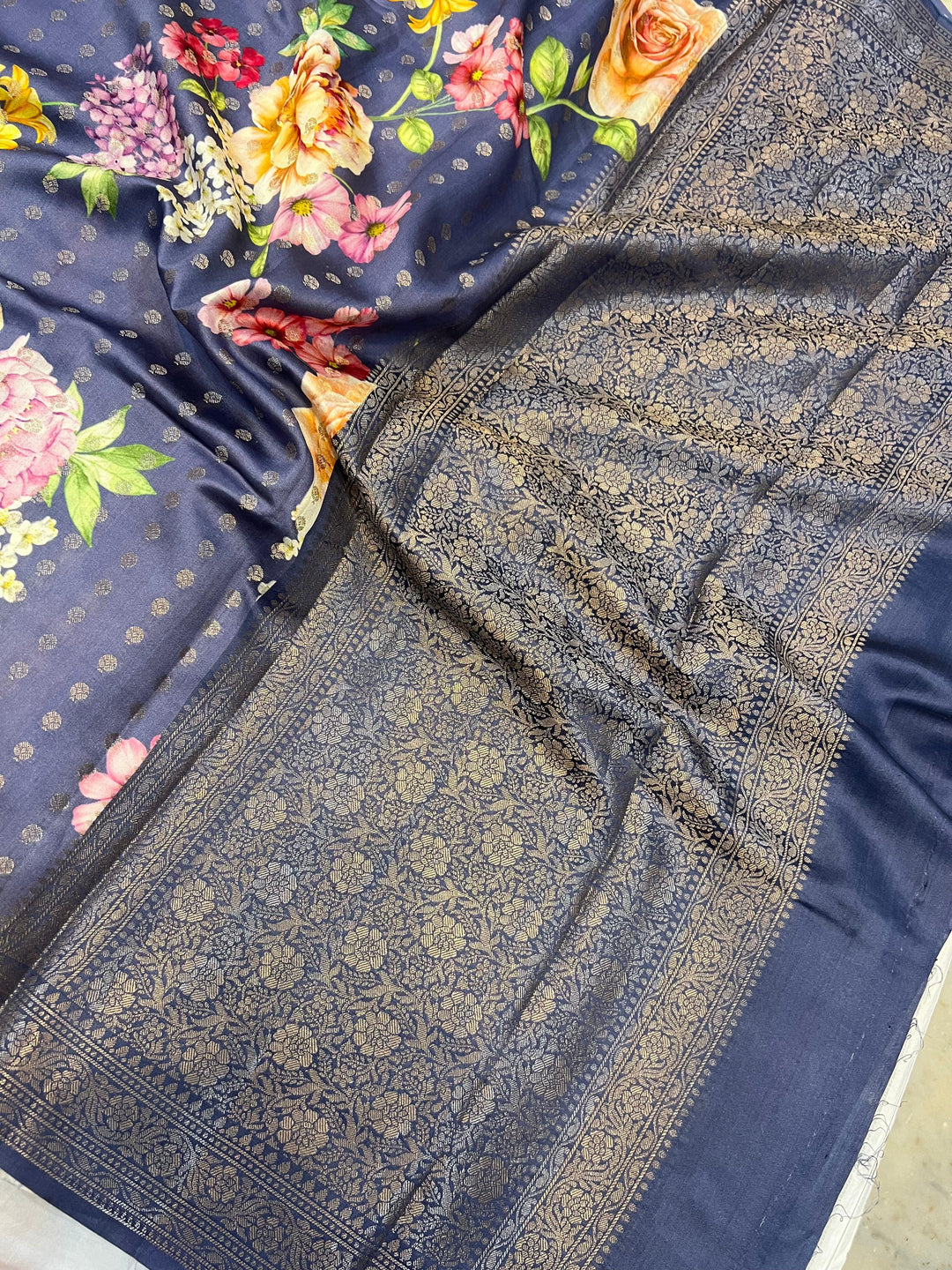 Greyish Blue Banarasi Handloom Chiniya Silk Saree - Aura Benaras