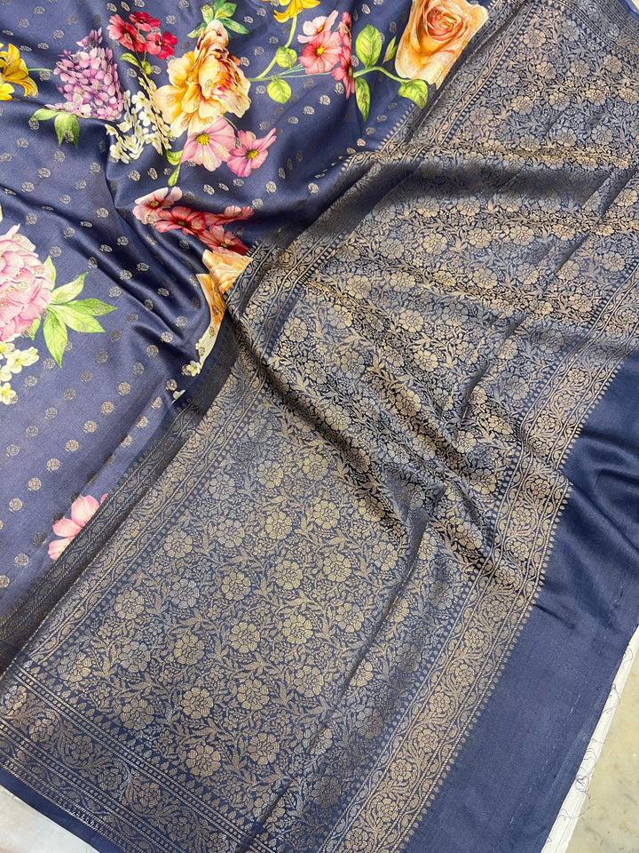 Greyish Blue Banarasi Handloom Chiniya Silk Saree - Aura Benaras