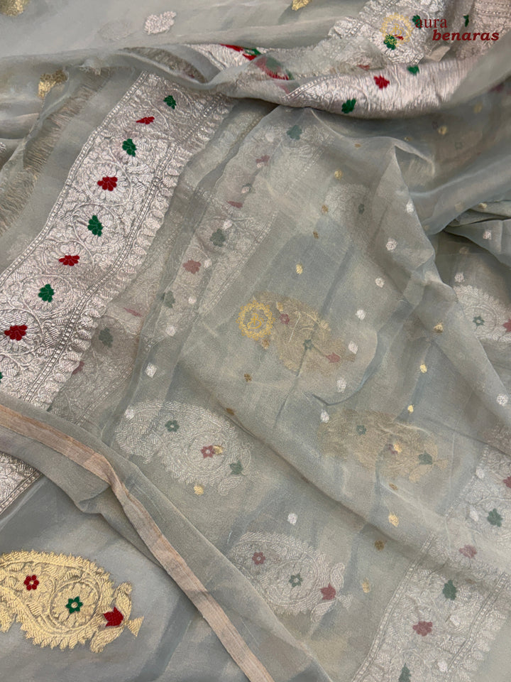 Mint Green Chiffon Tissue Silk Banarasi Saree with Sona Rupa