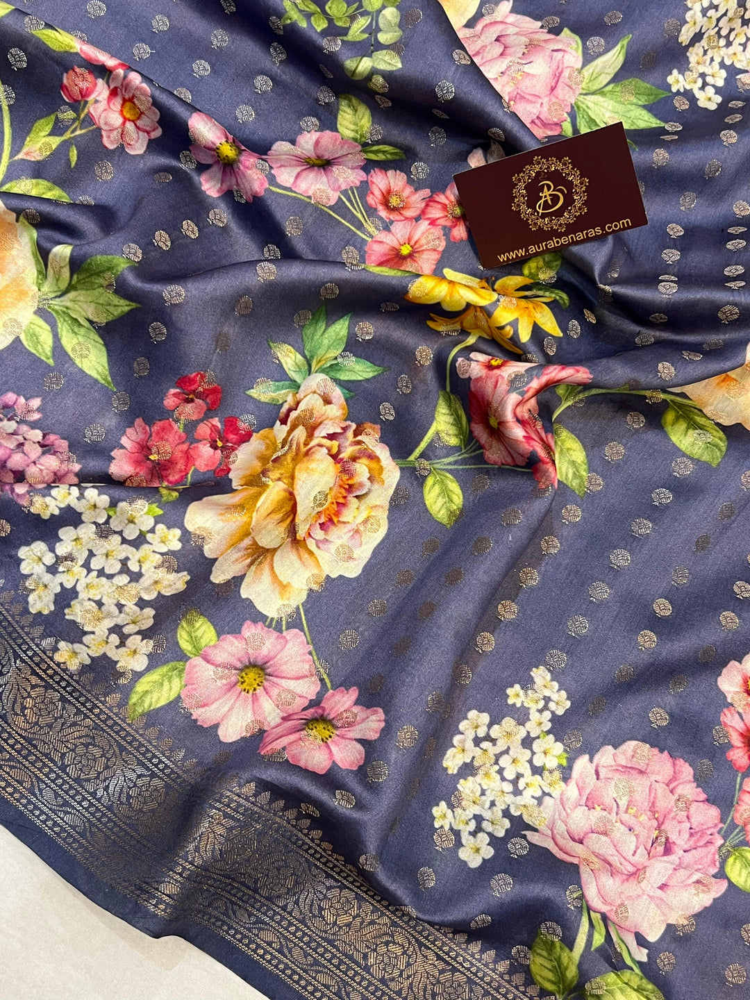 Greyish Blue Banarasi Handloom Chiniya Silk Saree - Aura Benaras