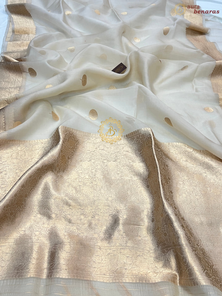 Cream Banarasi Handloom Kora Silk Saree