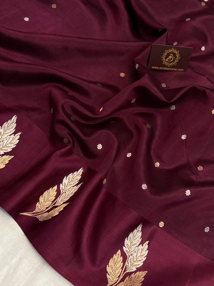 Wine Pure Silk Banarasi Saree – Kadhwa Motifs & Mashru Border