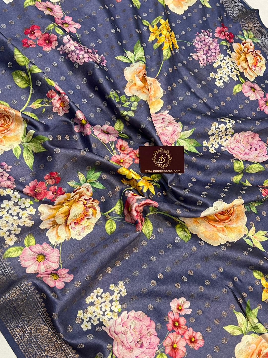 Greyish Blue Banarasi Handloom Chiniya Silk Saree - Aura Benaras