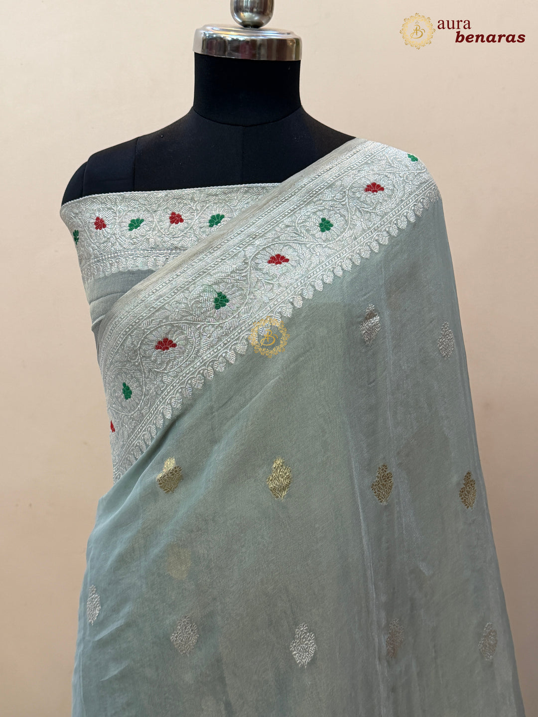 Mint Green Chiffon Tissue Silk Banarasi Saree with Sona Rupa