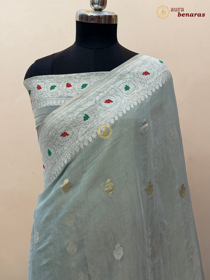 Mint Green Chiffon Tissue Silk Banarasi Saree with Sona Rupa