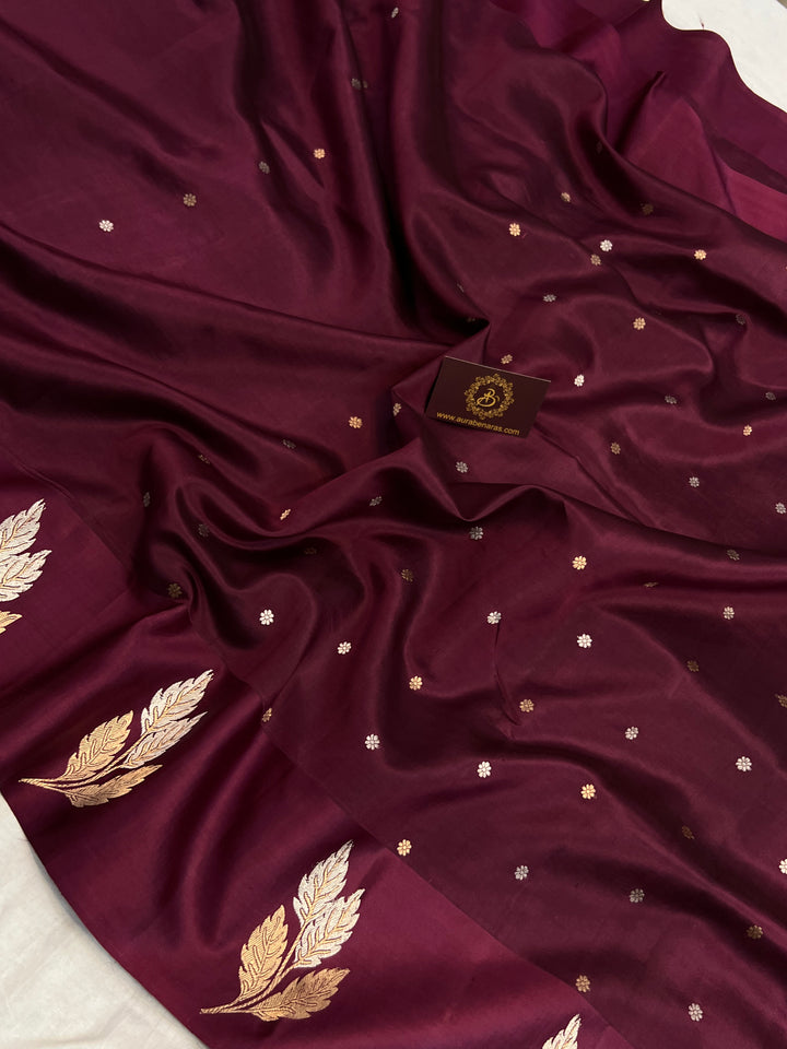 Wine Pure Silk Banarasi Saree – Kadhwa Motifs & Mashru Border