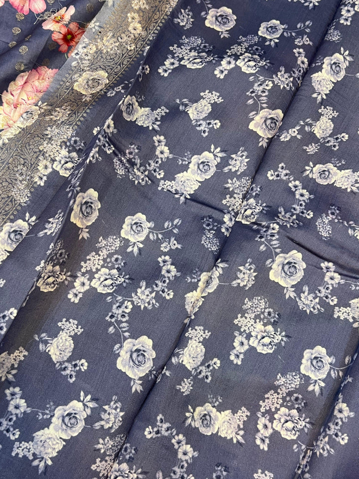 Greyish Blue Banarasi Handloom Chiniya Silk Saree - Aura Benaras