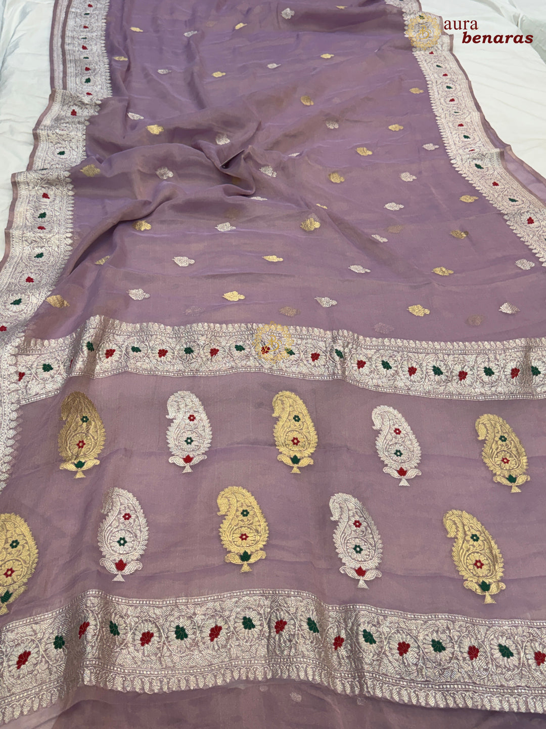Lavender Chiffon Tissue Silk Banarasi Saree with Sona Rupa