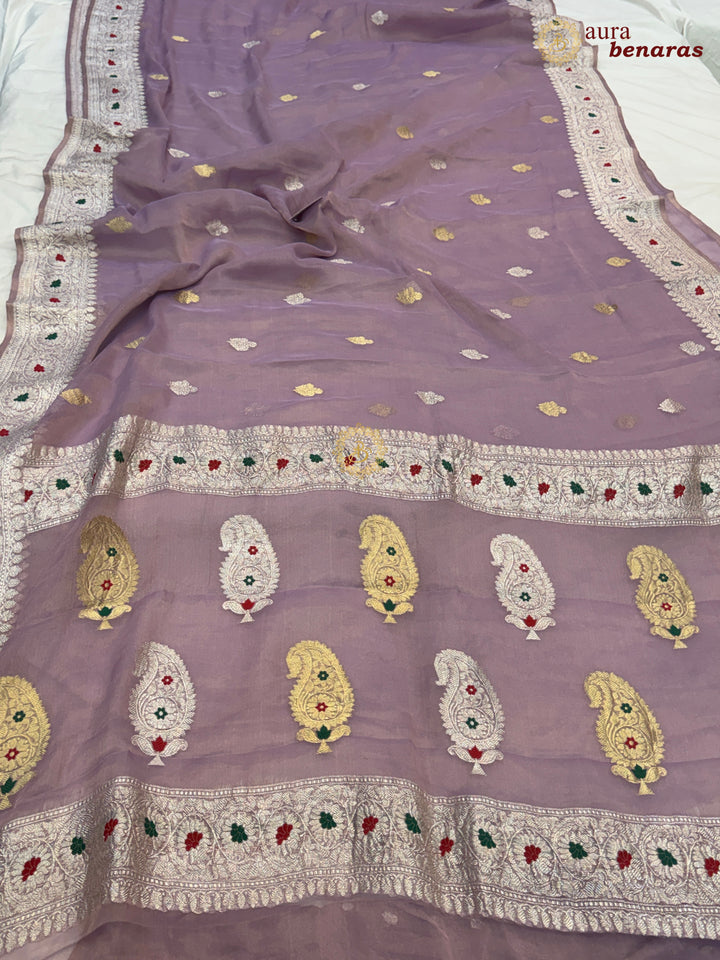 Lavender Chiffon Tissue Silk Banarasi Saree with Sona Rupa
