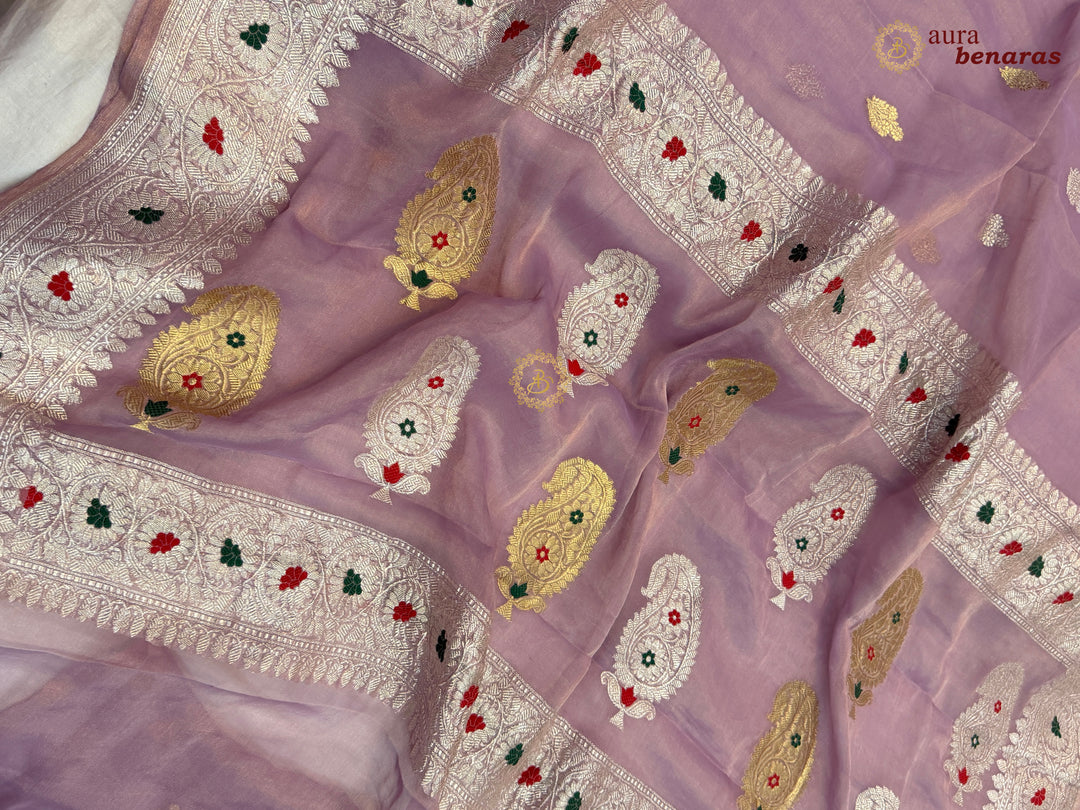 Lavender Chiffon Tissue Silk Banarasi Saree with Sona Rupa