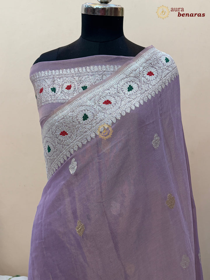 Lavender Chiffon Tissue Silk Banarasi Saree with Sona Rupa