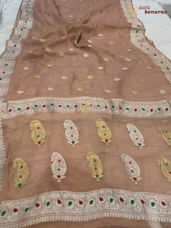 Peach Chiffon Tissue Silk Banarasi Saree with Sona Rupa