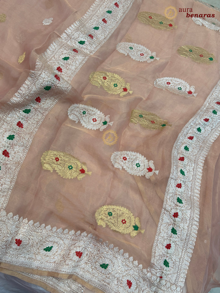 Peach Chiffon Tissue Silk Banarasi Saree with Sona Rupa