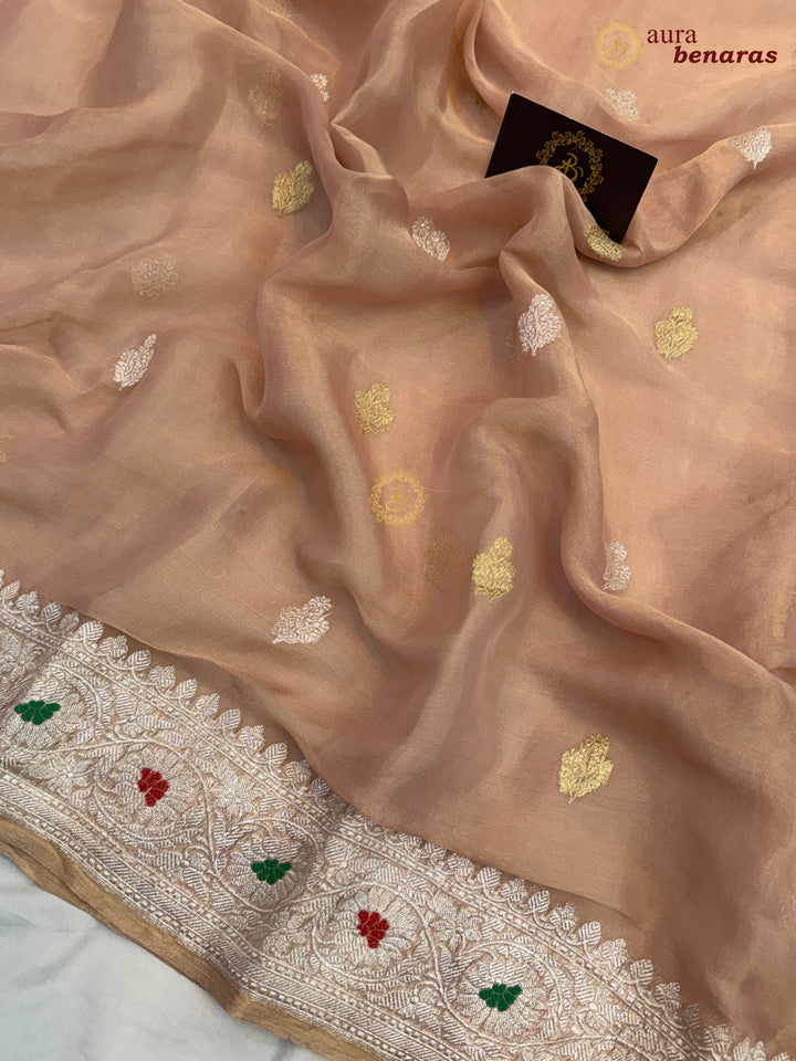 Peach Chiffon Tissue Silk Banarasi Saree with Sona Rupa