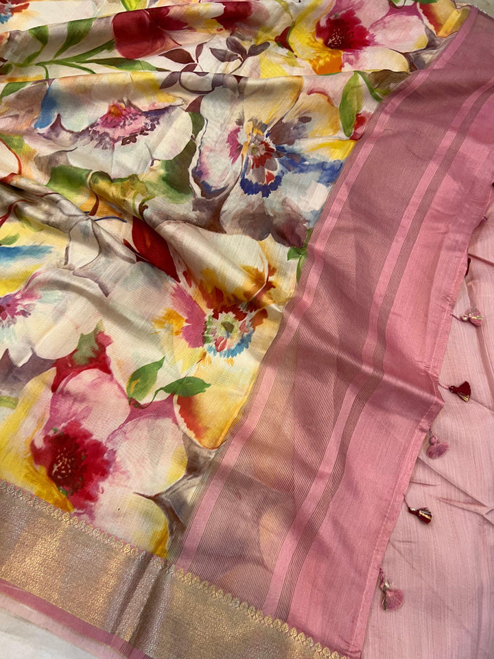 White Banarasi Handloom Chiniya Silk Saree - Aura Benaras