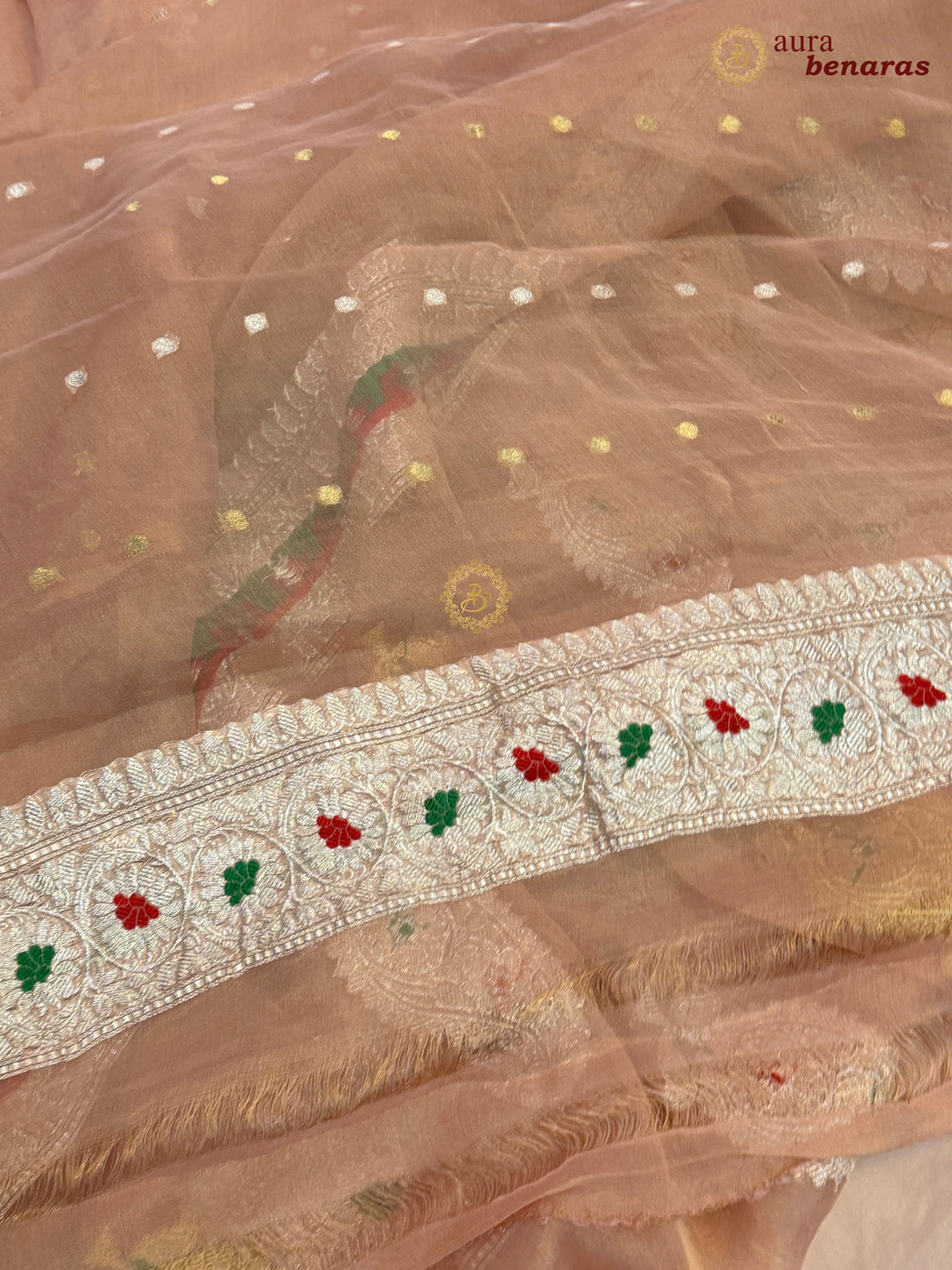 Peach Chiffon Tissue Silk Banarasi Saree with Sona Rupa