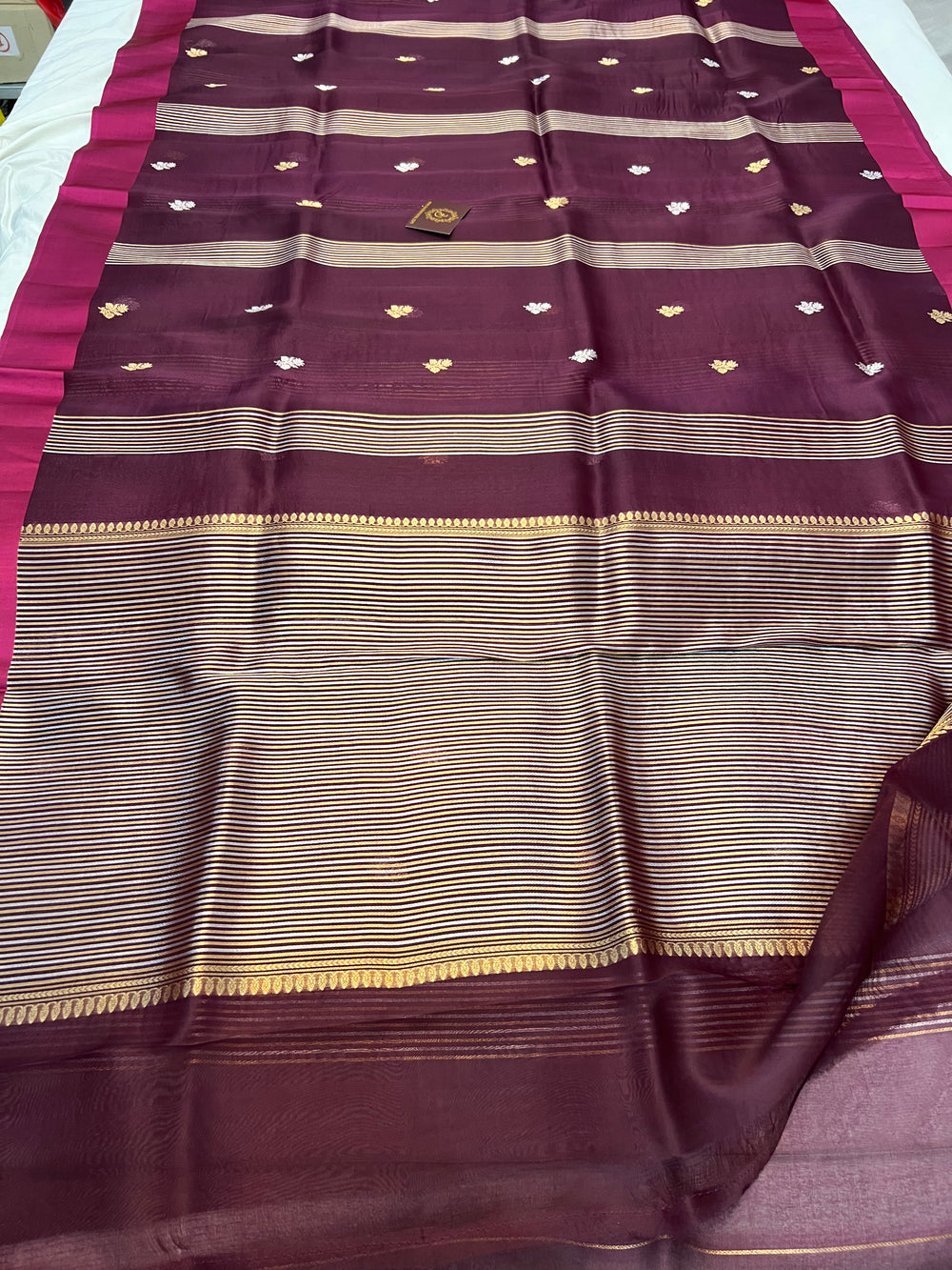 Wine Pure Kora Silk Banarasi Saree with Zari stripes
