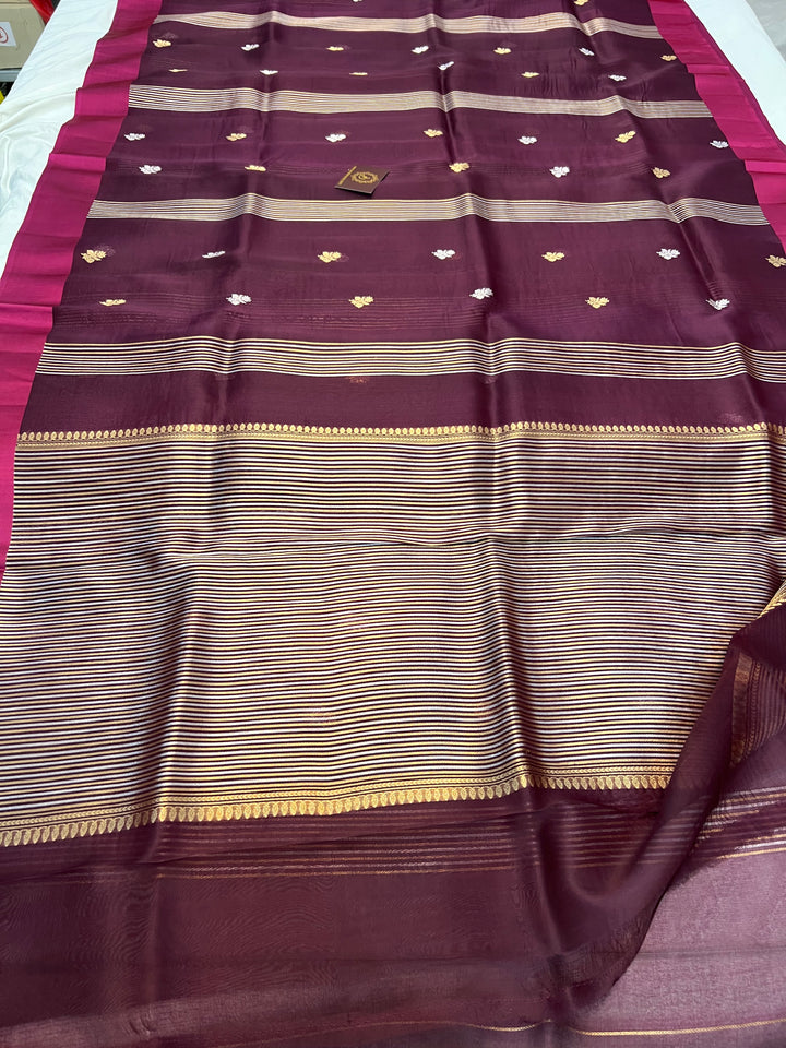 Wine Pure Kora Silk Banarasi Saree with Zari stripes