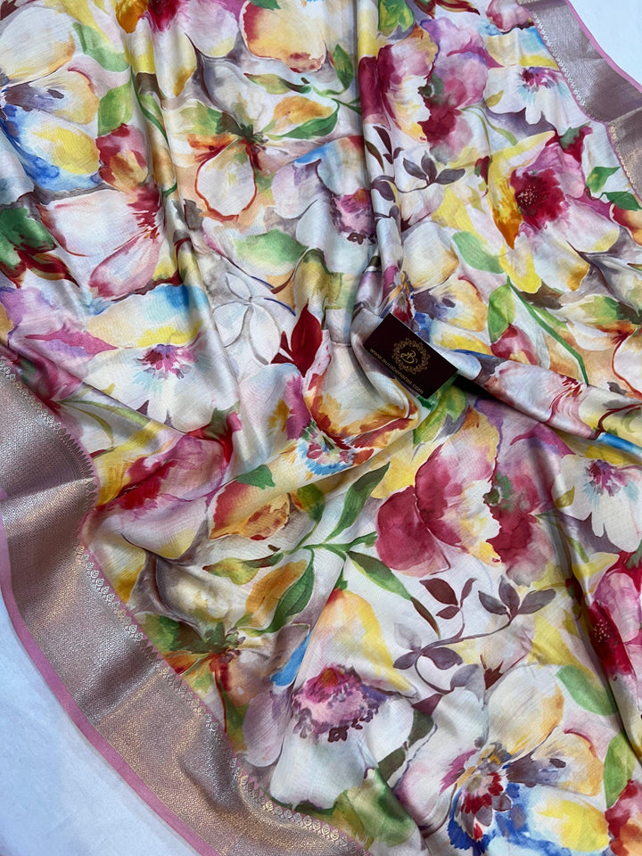 White Banarasi Handloom Chiniya Silk Saree - Aura Benaras