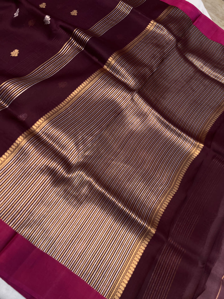 Wine Pure Kora Silk Banarasi Saree with Zari stripes