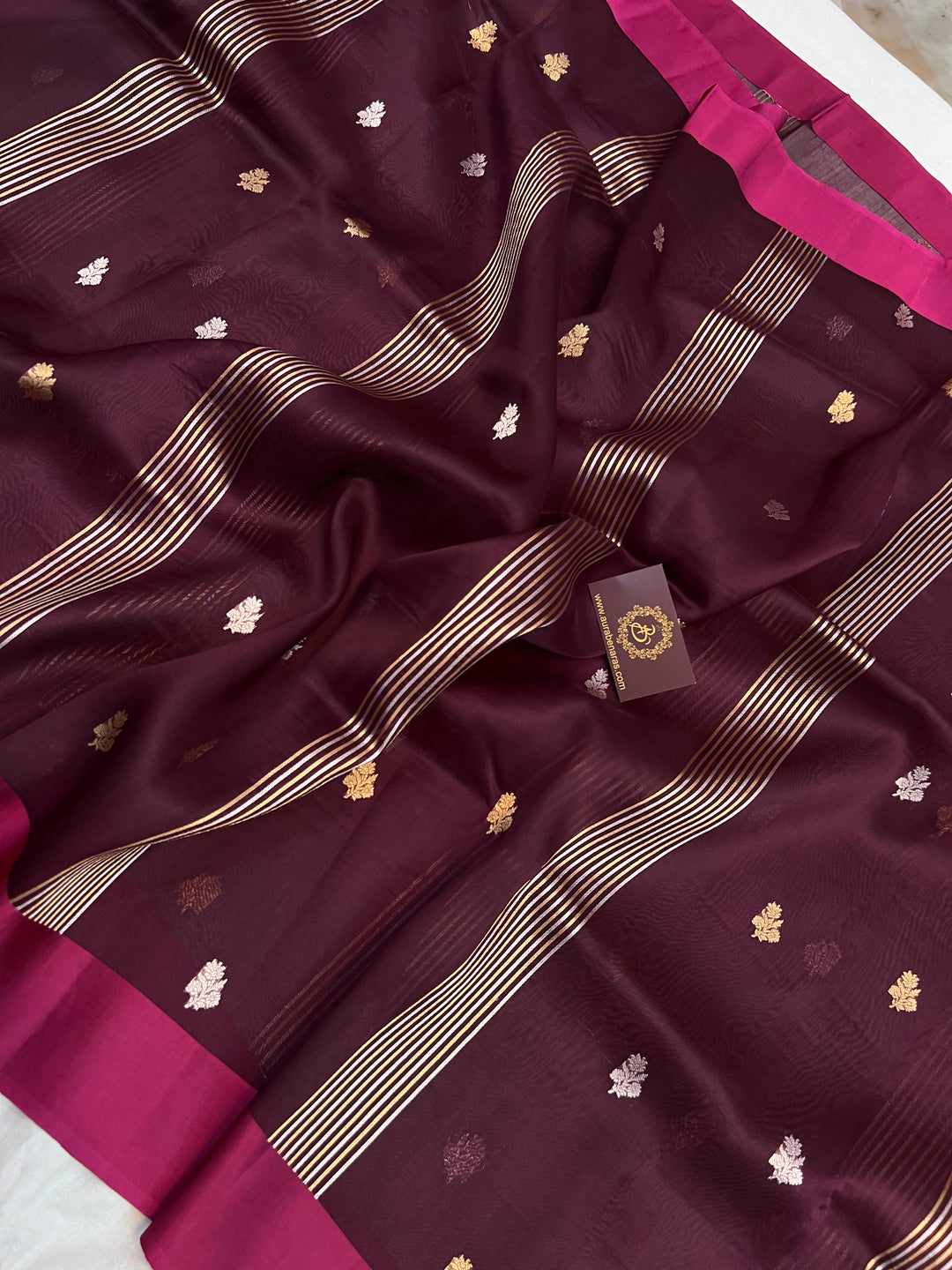 Wine Pure Kora Silk Banarasi Saree with Zari stripes