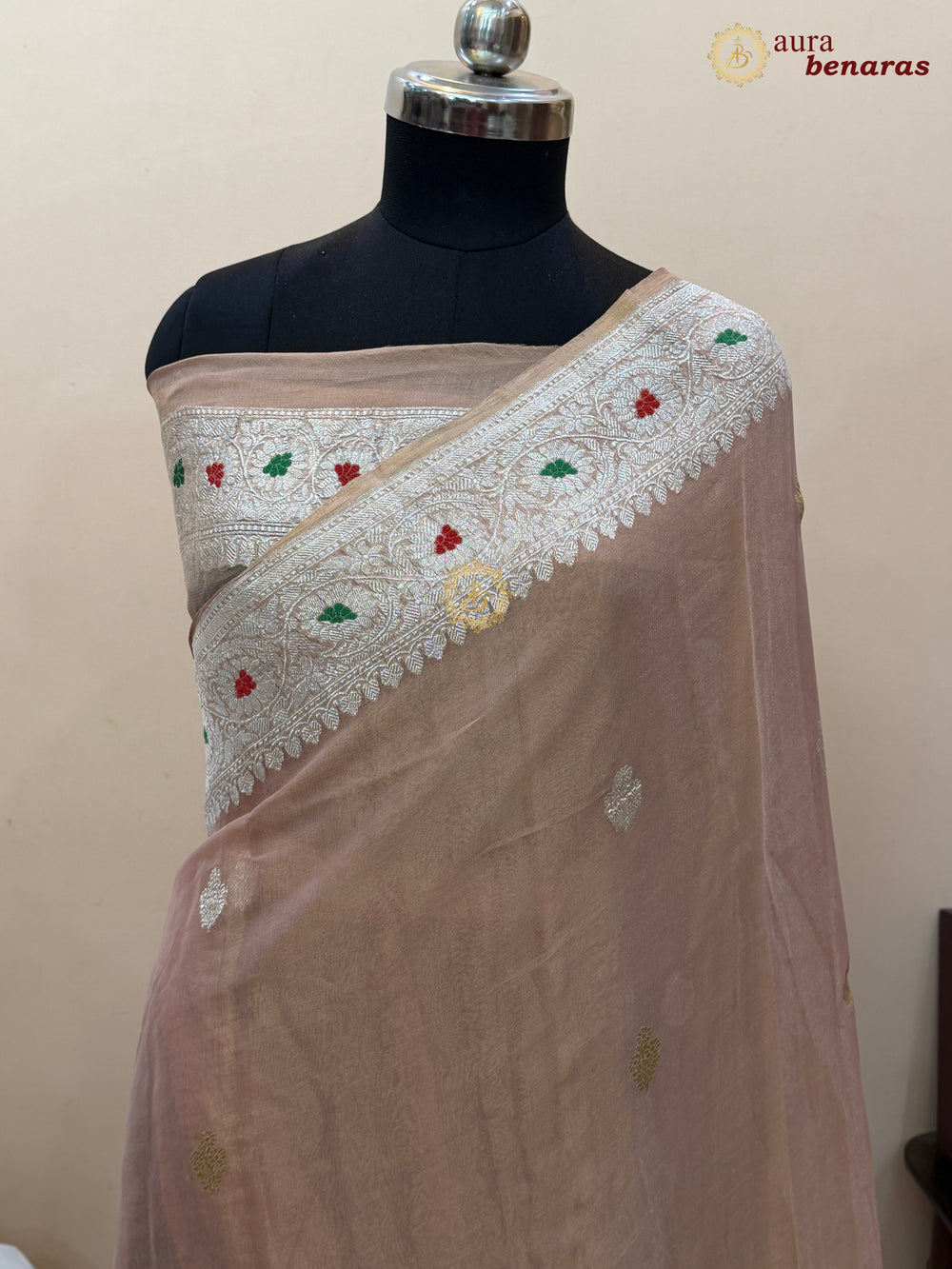 Peach Chiffon Tissue Silk Banarasi Saree with Sona Rupa