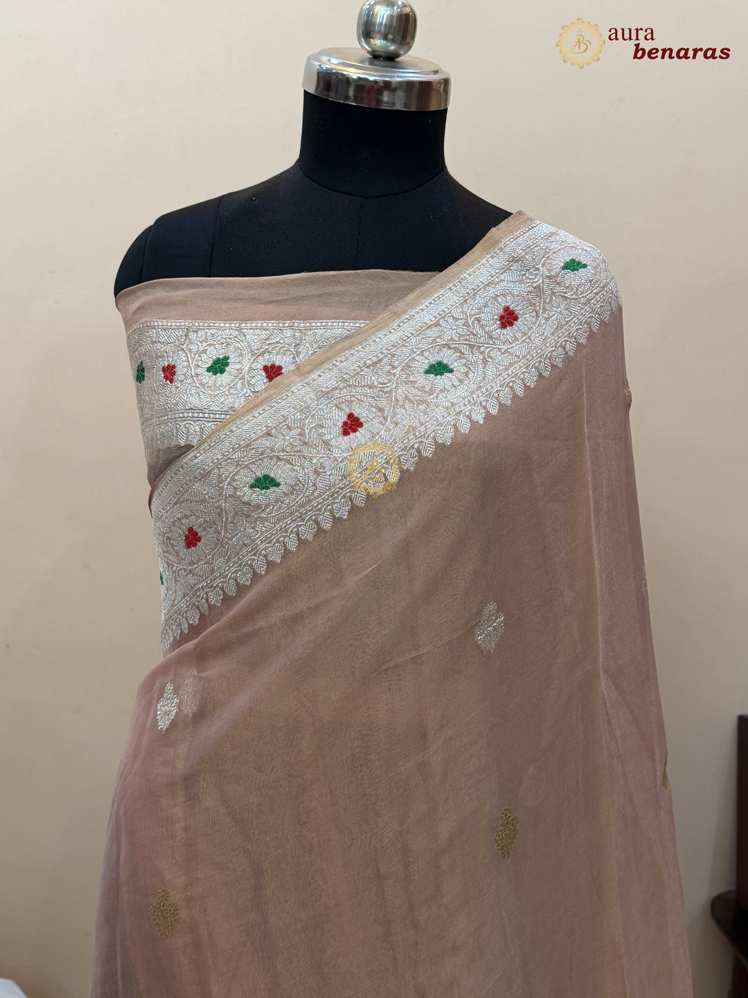 Peach Chiffon Tissue Silk Banarasi Saree with Sona Rupa